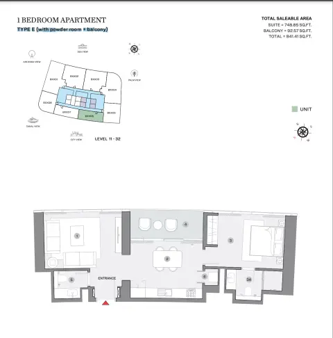 Sobha Seahaven: Floor plan Type E (with powder room + balcony), 841 sq ft