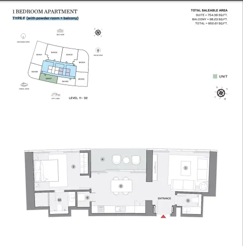 Sobha Seahaven: Floor plan Type F (with powder room + balcony), 850 sq ft