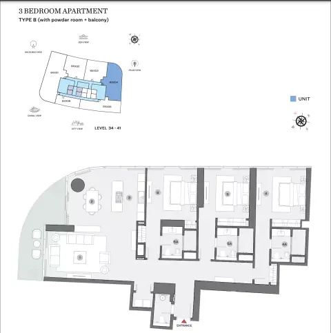 Sobha Seahaven: Floor plan Type B (with powder room + balcony)