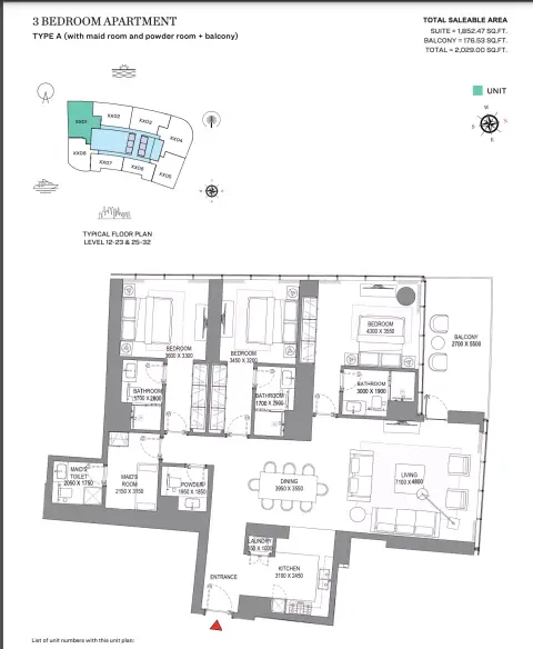 Sobha Seahaven: Floor plan Type  A (with powder room + balcony)