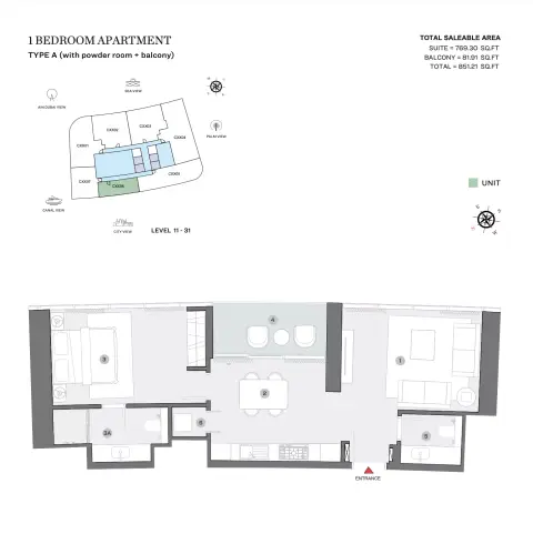 Sobha Seahaven: Floor plan Type A (with powder room + balcony), 851 sq ft