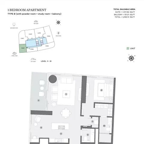 Sobha Seahaven: Floor plan Type B (with powder room + study room + balcony), 1,239 sq ft