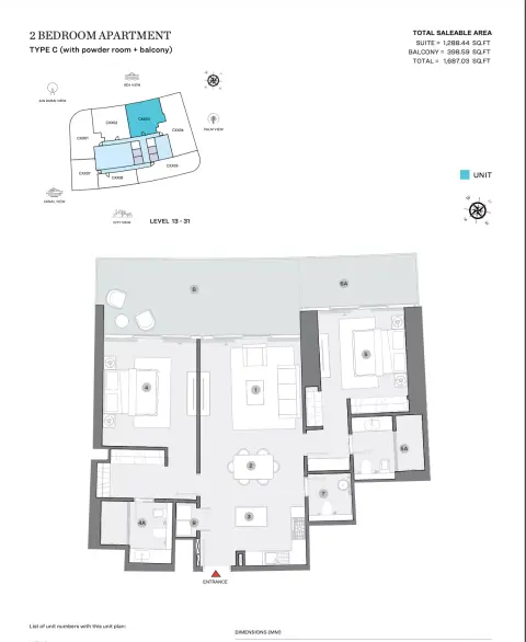 Sobha Seahaven: Floor plan Type C (with powder room + balcony), 1,687 sq ft