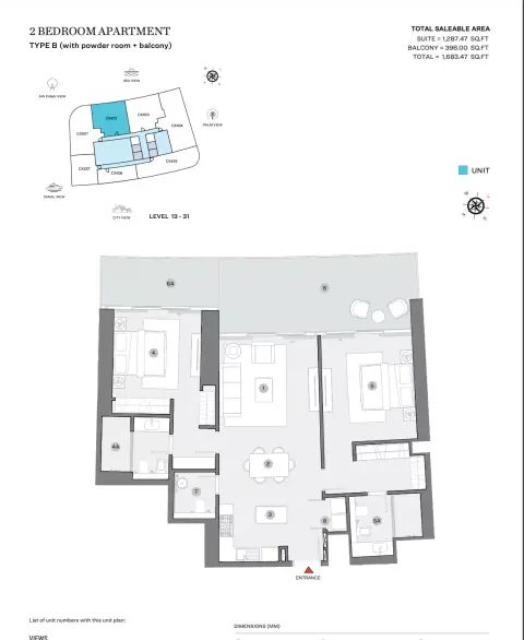 Sobha Seahaven: Floor plan Type B (with powder room + balcony), 1,683 sq ft