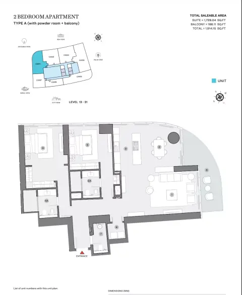 Sobha Seahaven: Floor plan Type A (with powder room + balcony), 1,914 sq ft