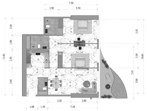 Volga Tower: Floor plan Type 2207-2607, 1,188 sq ft