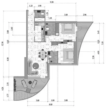 Volga Tower: Floor plan Type 2307-3707, 1,193 sq ft