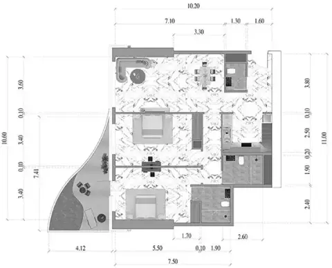 Volga Tower: Floor plan Type 705-3305, 1,340 sq ft
