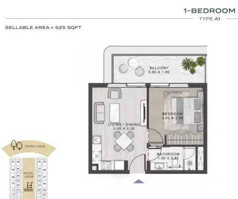 ELO 3: Floor plan Type A1, 525 sq ft