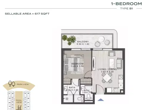 ELO 3: Floor plan Type B1, 617 sq ft