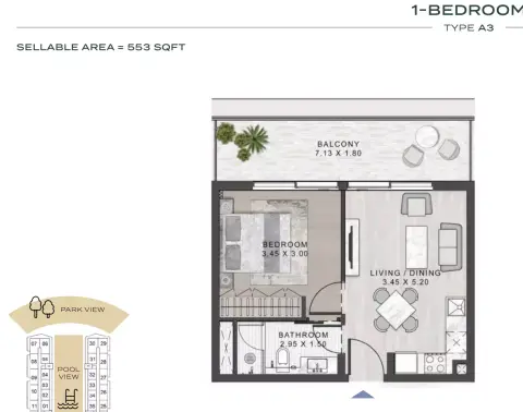 ELO 3: Floor plan Type A3, 553 sq ft
