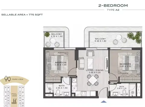 ELO 3: Floor plan Type A2, 775 sq ft