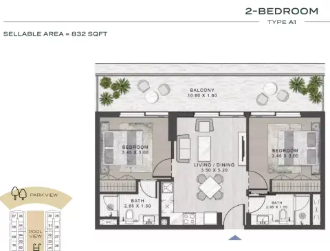 ELO 3: Floor plan Type A1, 832 sq ft