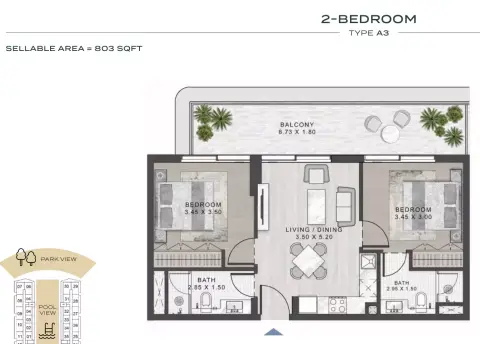 ELO 3: Floor plan Type A3, 803 sq ft