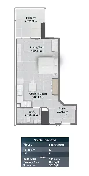 Skyhills Residences: Floor plan Tower 1 - Type A - Executive, 570 sq ft
