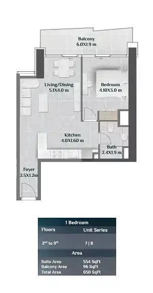 Skyhills Residences: Floor plan Tower 1 - Type F, 650 sq ft