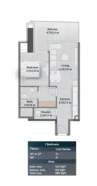 Skyhills Residences: Floor plan Tower 1 - Type E, 690 sq ft