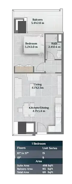 Skyhills Residences: Floor plan Tower 1 - Type A, 611 sq ft