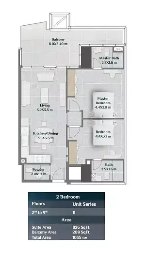 Skyhills Residences: Floor plan Tower 1 - Type D, 1,035 sq ft