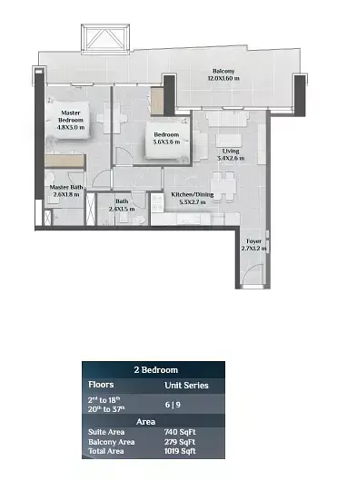 Skyhills Residences: Floor plan Tower 1 - Type B, 1,019 sq ft