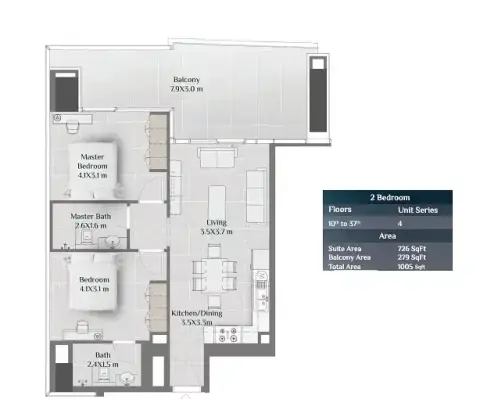 Skyhills Residences: Floor plan Tower 1 - Type E, 1,005 sq ft