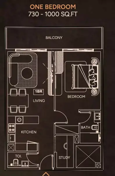 Weston: Floor plan Type 1, 730 sq ft