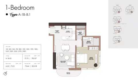 The edit at D3: Floor plan Type B1-Tower A, 855 sq ft