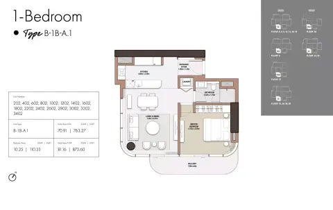 The edit at D3: Floor plan Type A1-Tower B, 873 sq ft