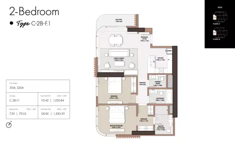 The edit at D3: Floor plan Type F1-Tower C, 1,300 sq ft