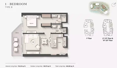 Eltiera Views 2: Floor plan Type B, 833 sq ft