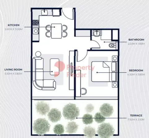 Azizi Riviera: Планировка Type 2A, 909 sq ft