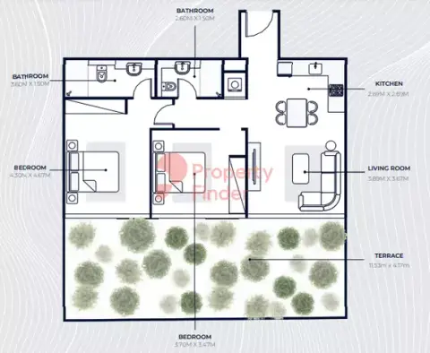 Azizi Riviera: Планировка Type 1A, 1,336 sq ft