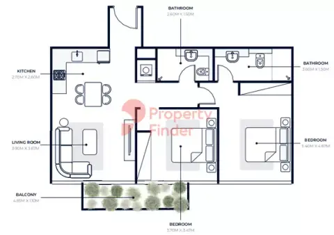 Azizi Riviera: Планировка Type 1B, 881 sq ft