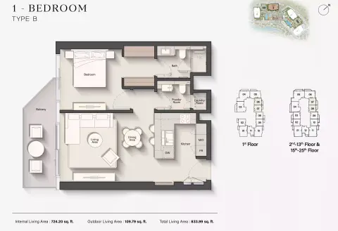 Eltiera Views 3: Floor plan Type B, 833 sq ft