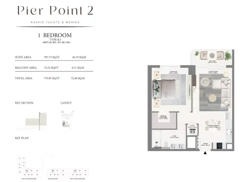 Pier Point Phase 2: Plattegrond Type B3, 779 sq ft