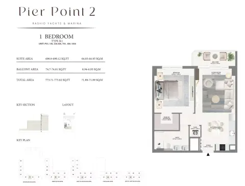 Pier Point Phase 2: Plattegrond Type B1, 773 sq ft