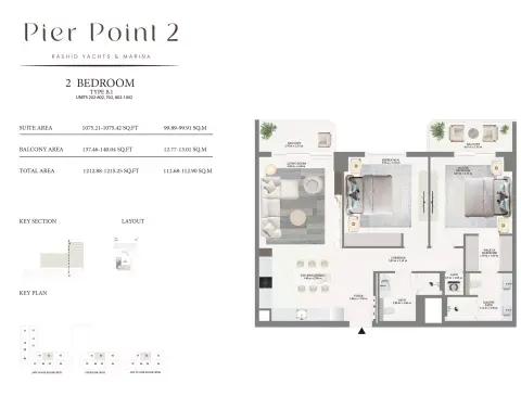 Pier Point Phase 2: Plattegrond Type B1, 1,212 sq ft