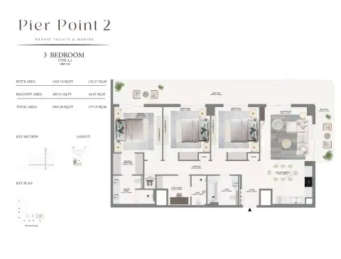 Pier Point Phase 2: Plattegrond Type A2, 1,907 sq ft