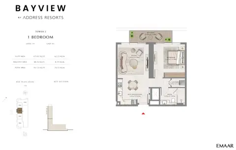 Bayview Tower 2 by Address Resorts: Plan Unit 1, Level 19, 761 sq ft
