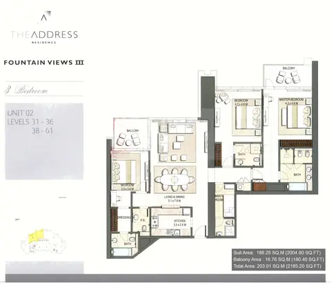 Address Fountain Views: Floor plan 3 BR, Unit-02, 2,185 sq ft