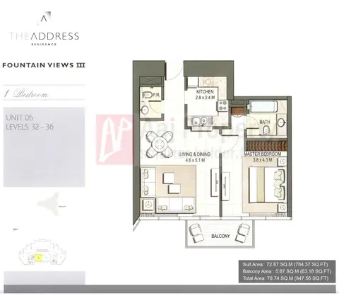 Address Fountain Views: Floor plan 1 BR, Unit-06-Level-32-36, 847 sq ft