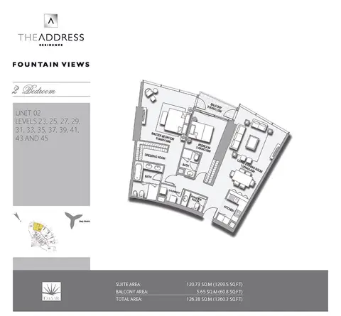 Address Fountain Views: Floor plan 2 BR, Unit-02, 1,360 sq ft