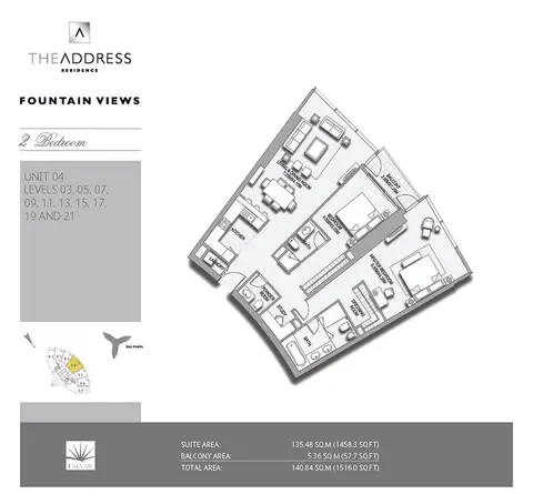 Address Fountain Views: Floor plan 2 BR, Unit-04, 1,516 sq ft
