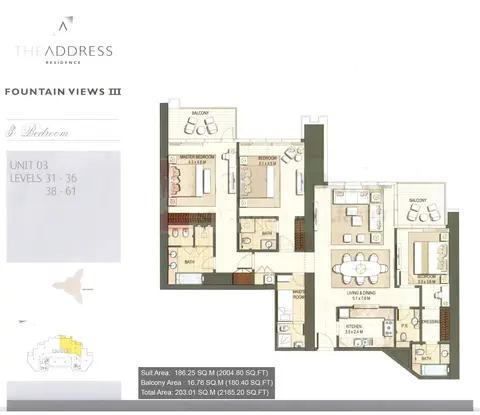 Address Fountain Views: Floor plan 3 BR, Unit-03, 2,185 sq ft