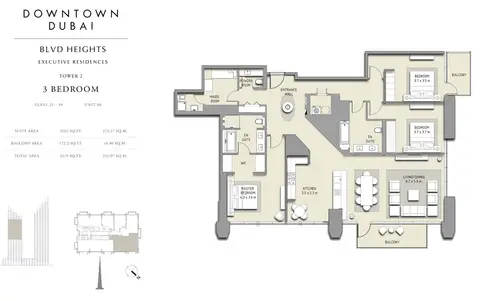 بوليفارد هايتس إكزكيوتيف ريزيدنسز: مخطط الطابق 3 BED,Level 21-39, Unit 06, 2,319 sq ft