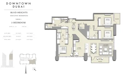 بوليفارد هايتس إكزكيوتيف ريزيدنسز: مخطط الطابق 3 Bedroom,Level 25-43, Unit 06, 2,319 sq ft