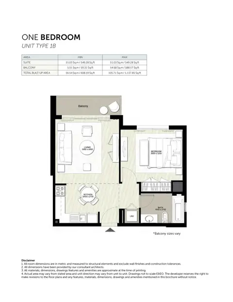 Rawda II Apartments: Floor plan Type 1B, 1,138 sq ft