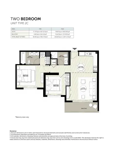 Rawda II Apartments: Floor plan Type 2C, 1,597 sq ft