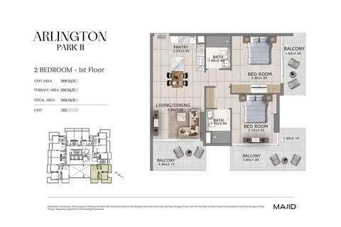أرلينغتون بارك 2 في دي إل آر سي: مخطط الطابق Unit 102, 1,104 sq ft