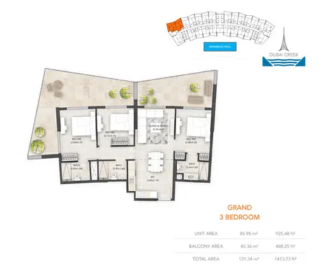 Binghatti Avenue: Floor plan 3-Bedroom, Grand, Size-1413.73 sq.ft, 1,414 sq ft